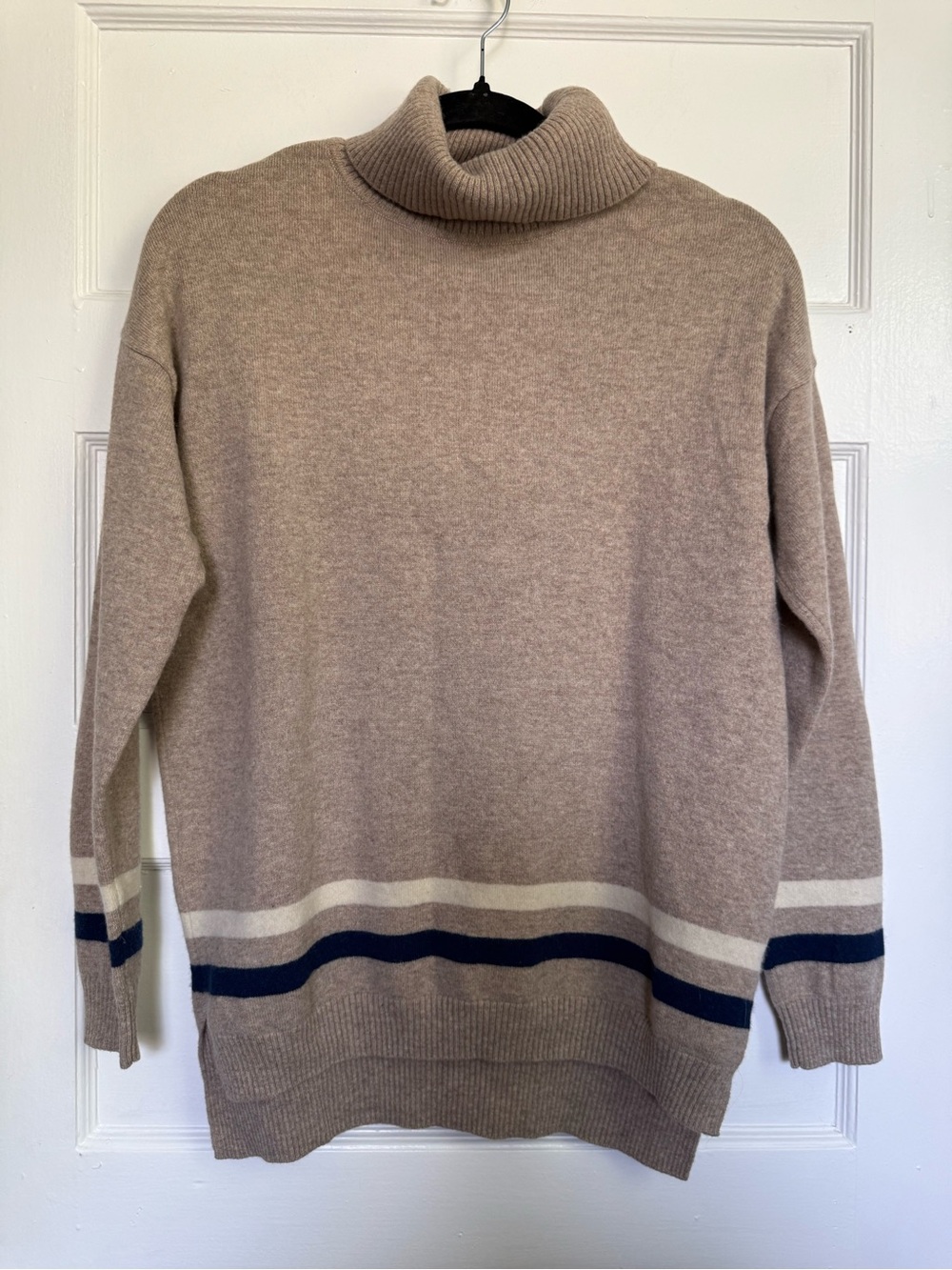 WoolOvers Taupe 100% Merino Wool Turtleneck Sweater with Navy & Cream Stripes S